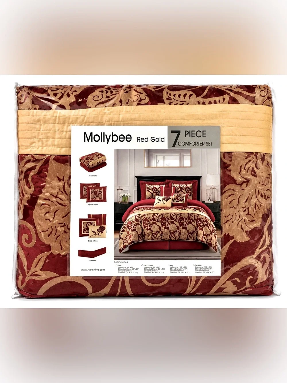 Luxurious Nanshing Mollybee Queen Red Gold 7 Pc Floral Comforter Bedding Set